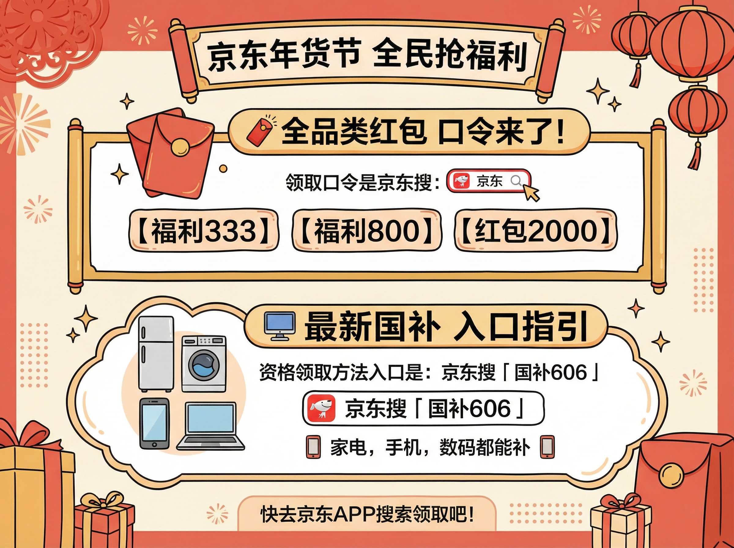 2026年京东年货节第二波来了！京东年货节最新红包口令是：福利333，红包+国补全面加码，2月23日结束别错过