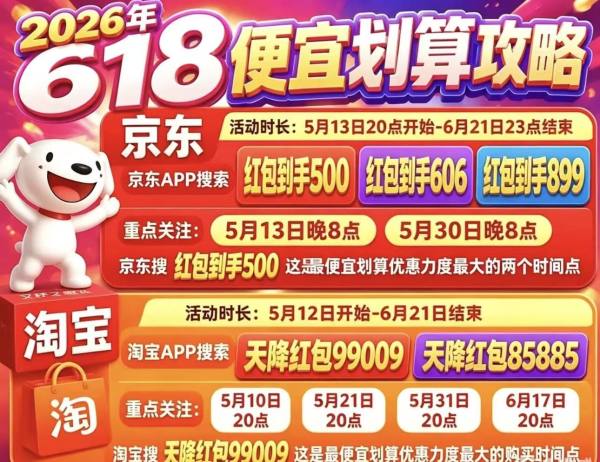 618开始活动已确定：2026年京东淘宝从5月12日开始持续到6月20日结束附红包口令